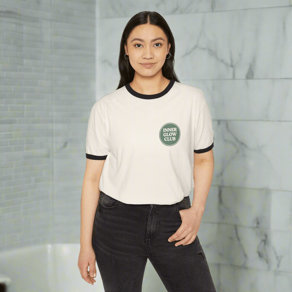 Inner Glow Club Ringer T-Shirt, Casual Wear, Gift for Spiritual Seekers, Nature Lover Apparel, Good Vibes Shirt, Unisex Tee