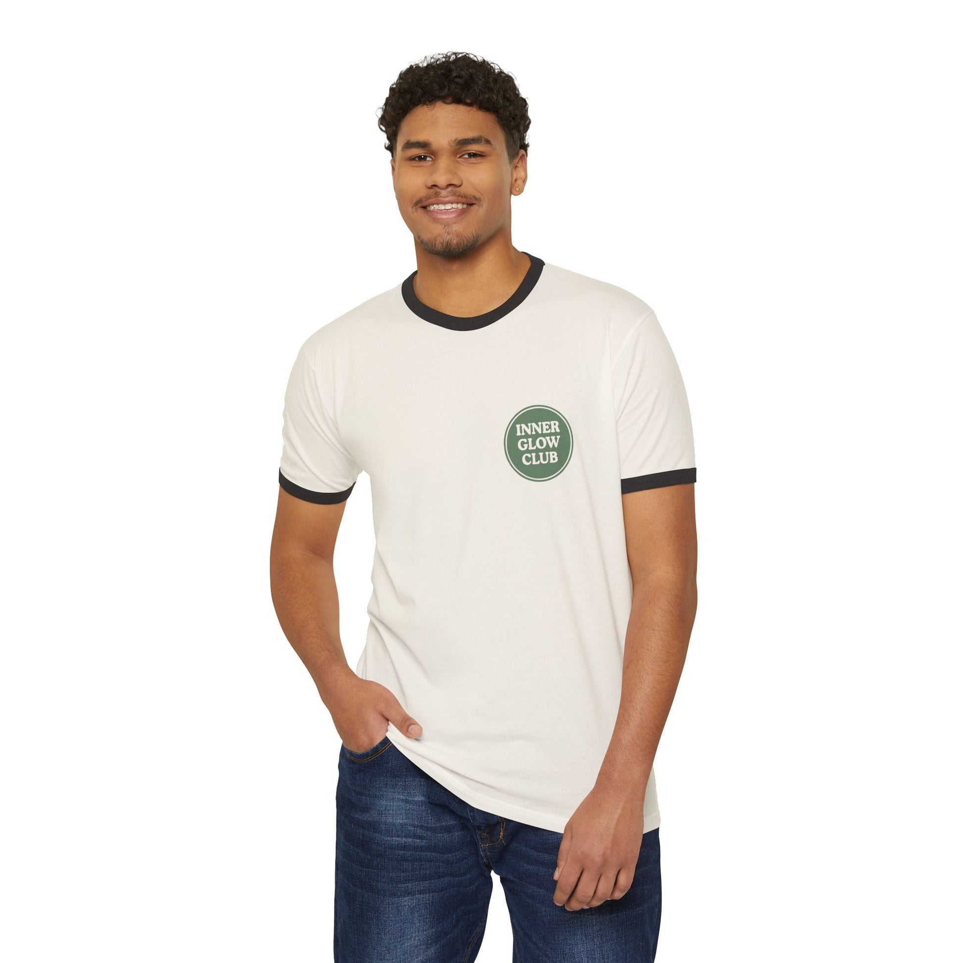 Inner Glow Club Ringer T-Shirt, Casual Wear, Gift for Spiritual Seekers, Nature Lover Apparel, Good Vibes Shirt, Unisex Tee
