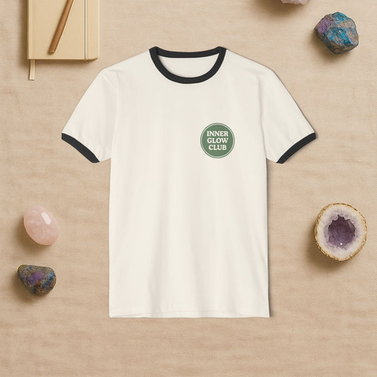Inner Glow Club Ringer T-Shirt, Casual Wear, Gift for Spiritual Seekers, Nature Lover Apparel, Good Vibes Shirt, Unisex Tee