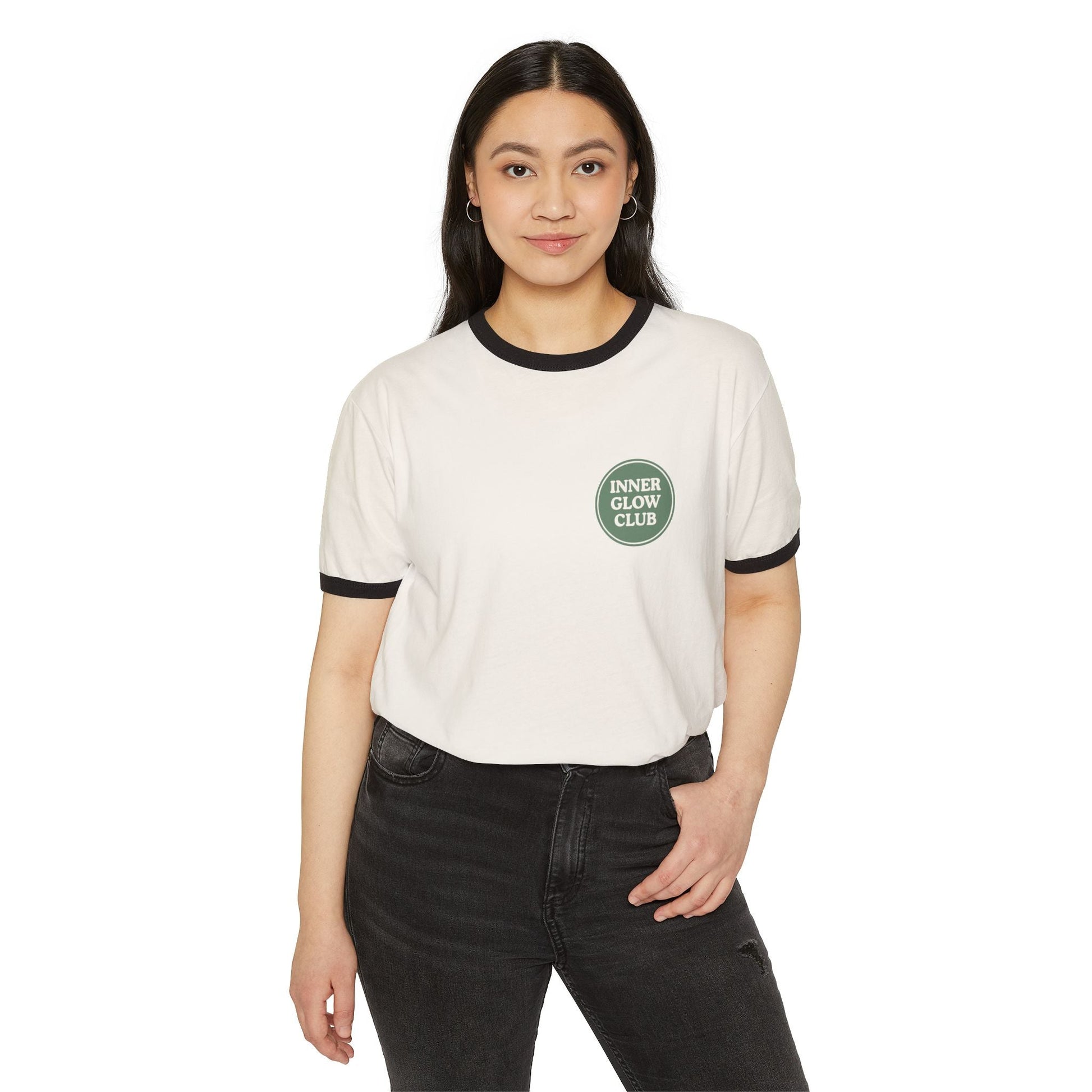 Inner Glow Club Ringer T-Shirt, Casual Wear, Gift for Spiritual Seekers, Nature Lover Apparel, Good Vibes Shirt, Unisex Tee